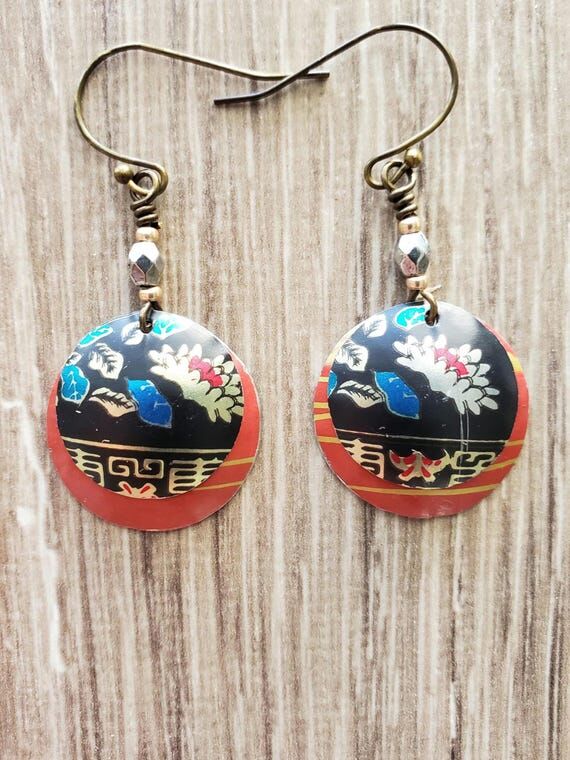 Vintage Tin Earrings: Asian Floral Domed Circ...