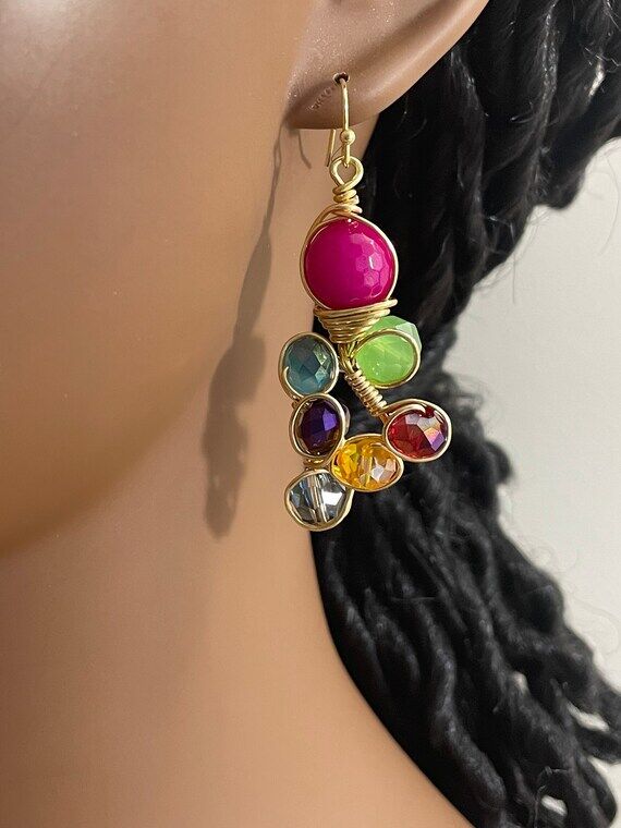 Fuchsia Pink Dyed Agate and Multi Colored Cry...