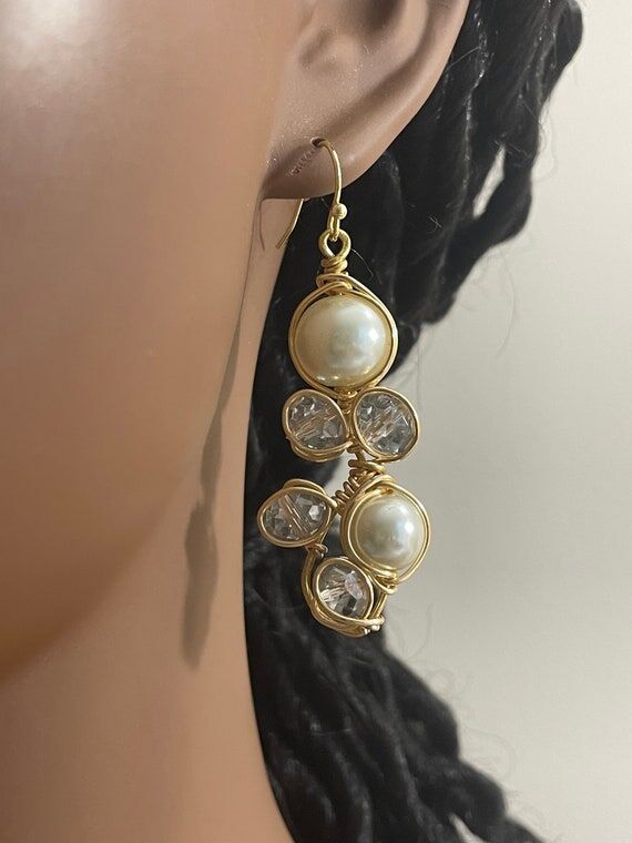 Crystals and Pearls Wire Wrapped Handmade Ear...