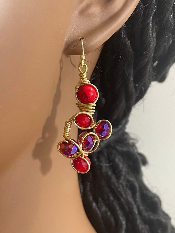 Red Stone and Crystals Wire Wrapped Earrings...