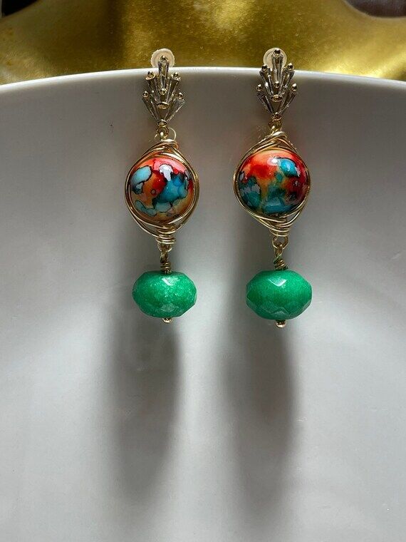 Abstract Art Designed Bead and Aventurine Ear...