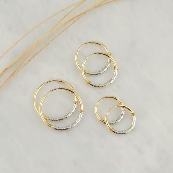 Dainty Gold Hoops, Two Tone Huggie Earrings, ...