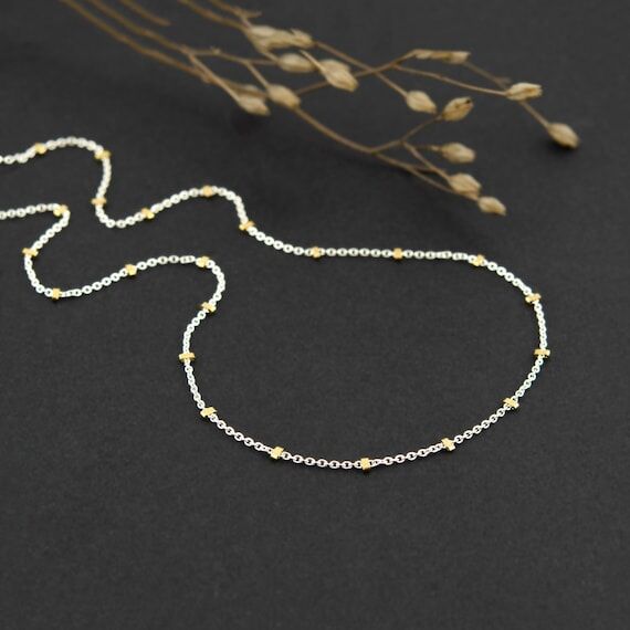 Dainty Beaded Chain Necklace, Mixed Metal Two...