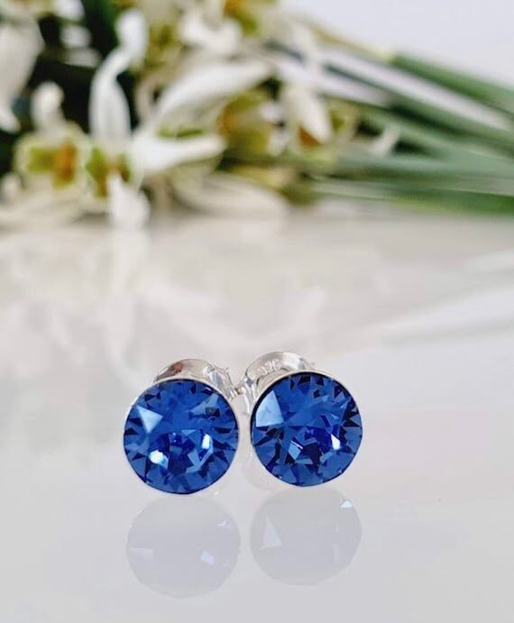925 Sterling Silver Stud Earrings Sapphire Cr...