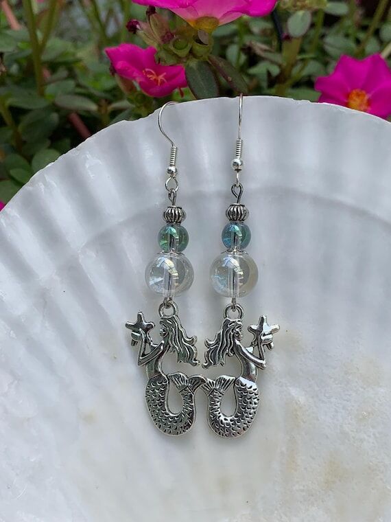 Mermaid Earrings Antique Silver Metallic Bubb...