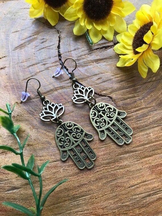 Lotus Flower Palm Earrings Handmade Bronze Ea...