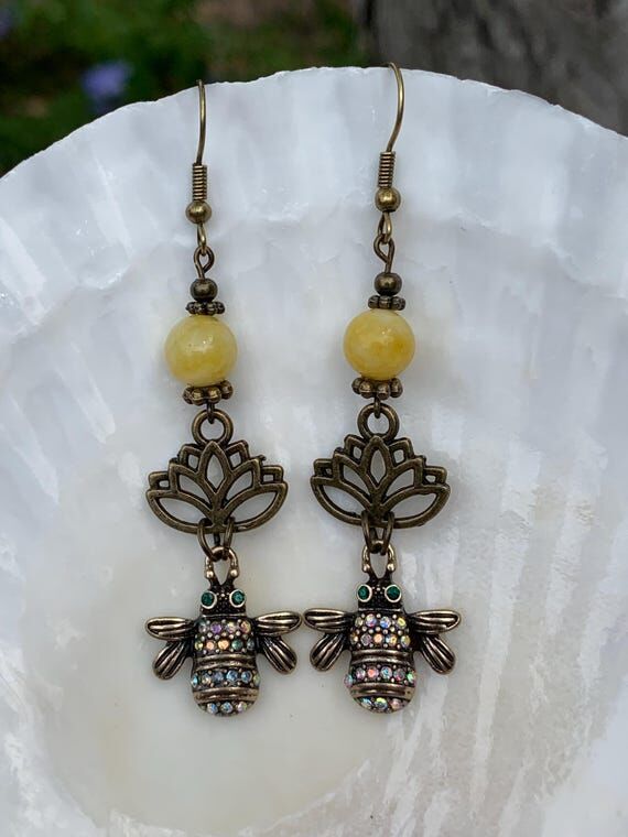 Lotus Flower Bumblebee Earrings Rhinestone Q...