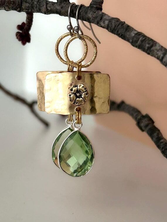 Brass and Green Amethyst Flower Earrings | Ha...
