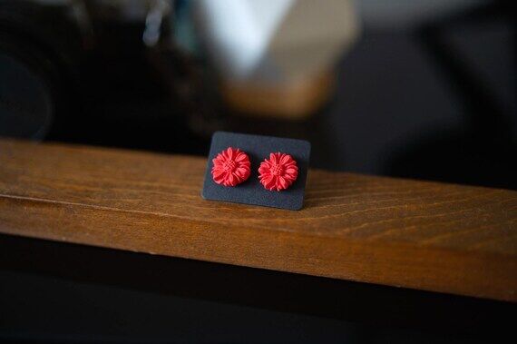 Polymer Clay Pink/Red Flower Stud Earring...
