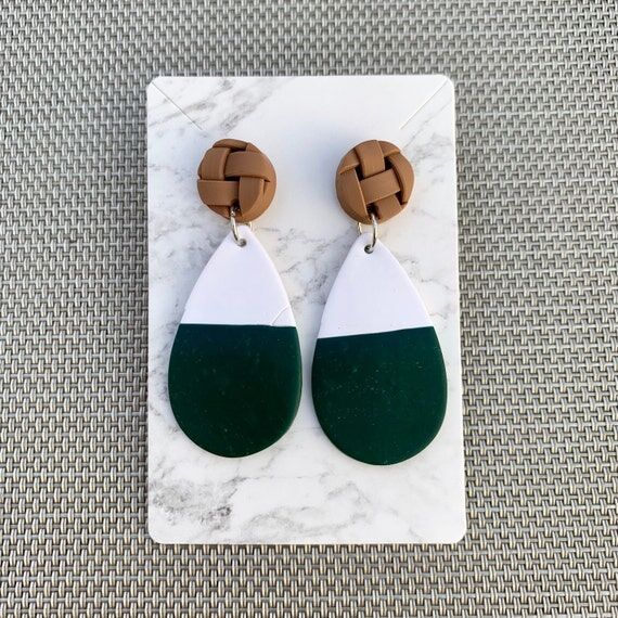 Green and White Teardrop Polymer Clay Earring...