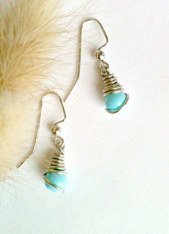 Aqua Blue Dangle Earrings, Wire Wrapped Earri...