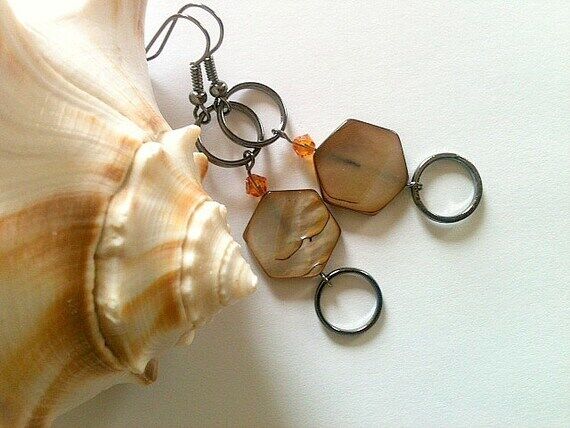 Brown Dangle Earrings With Silver Ring and Or...
