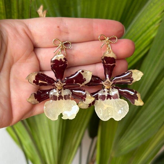 Real Preserved Orchid Earrings: 18k Gold Bow,...