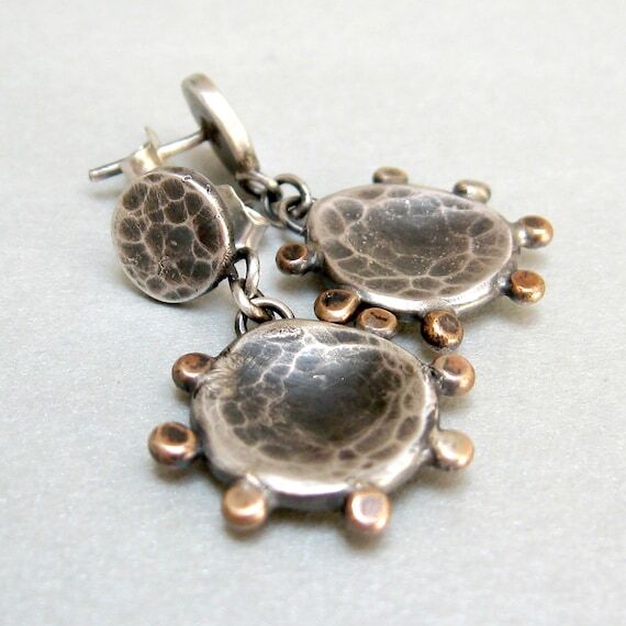 Rustic Silver Dangle Earrings: Bronze Accent ...
