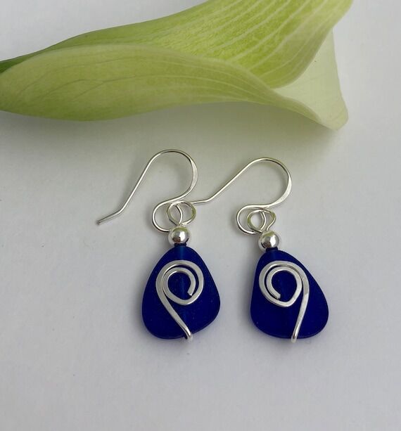 Handmade Cobalt Blue Sea Glass Earrings, Ster...