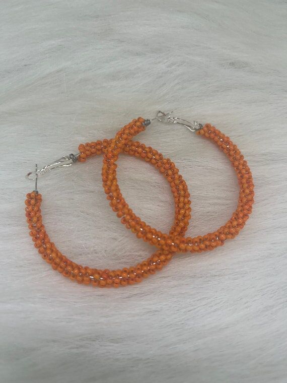 Handmade Earrings, Orange Petite Beads, Silve...