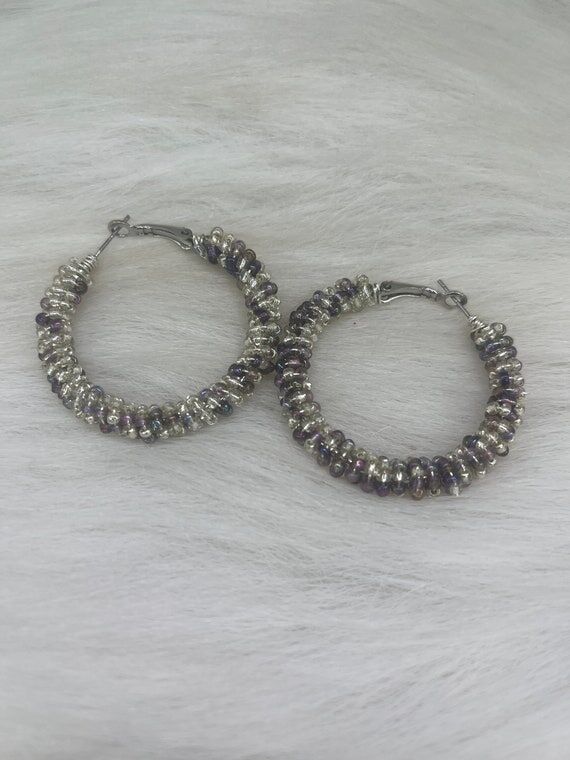 Handmade Silver Dangle Hoop Earrings: Purple ...