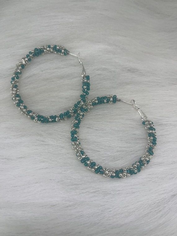 Handmade Blue-Green Beaded Silver Hoop Earrin...