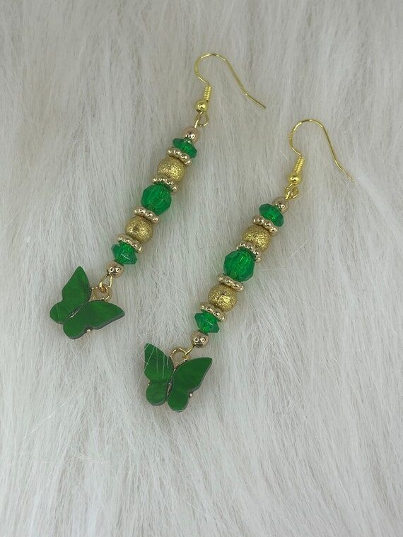 Handmade Green Beaded Dangle Earrings: Butter...