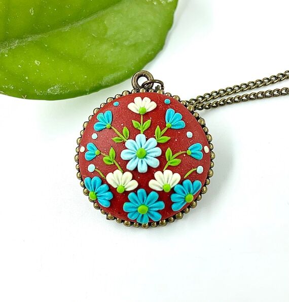 Floral Embroidery Necklace, Polymer Clay Neck...