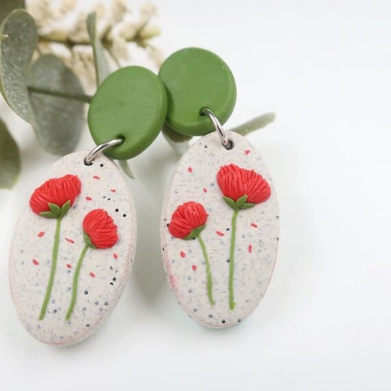 Red Poppy Earrings, Polymer Clay Earrings, Po...