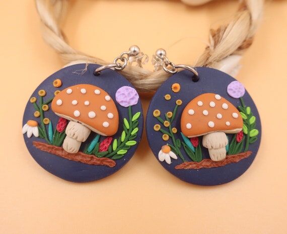 Orange Toadstool Polymer Clay Earrings, Handm...