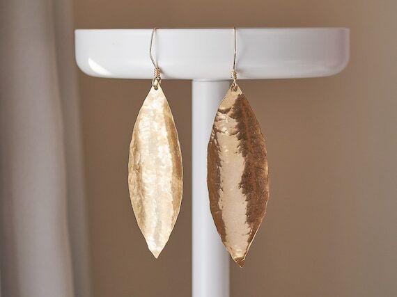 Long Hammered Brass Earrings: Leaf Gold Tone ...