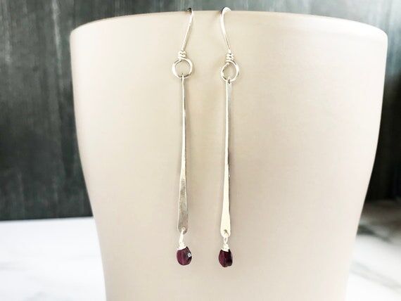 Minimalist Silver Bar Earrings with Garnet, L...