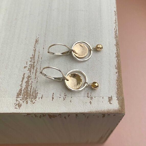 Mixed Metal Dangle Earrings, Two Tone Handmad...