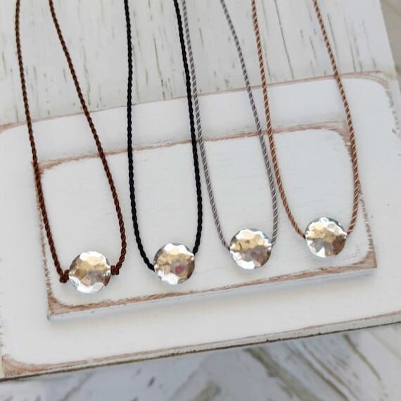 Minimalist Cord Necklace with Hammered Sterli...
