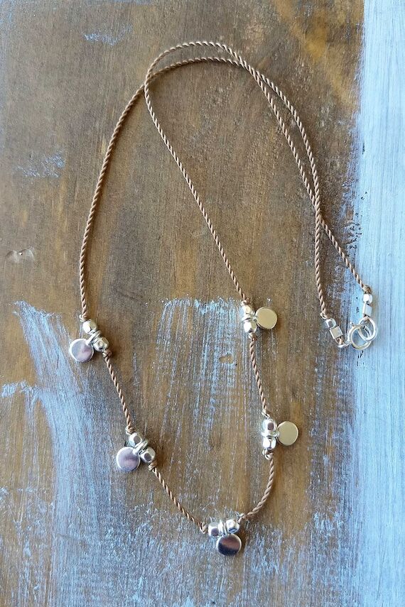 Dainty Boho Cord Necklace, Solid Sterling Sil...