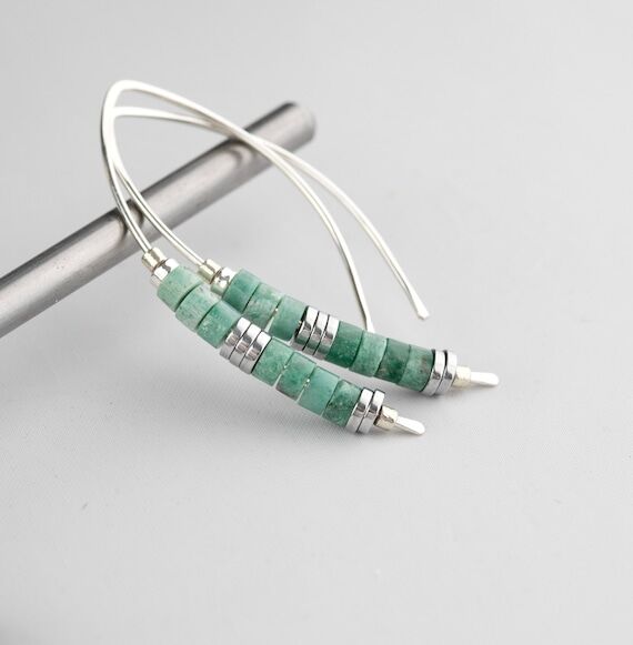 Sterling Silver and Green Earrings,Modern Gre...