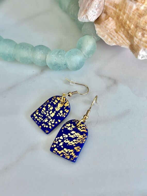 CLAY EARRINGS, Blue & Gold Flake Dangles, San...