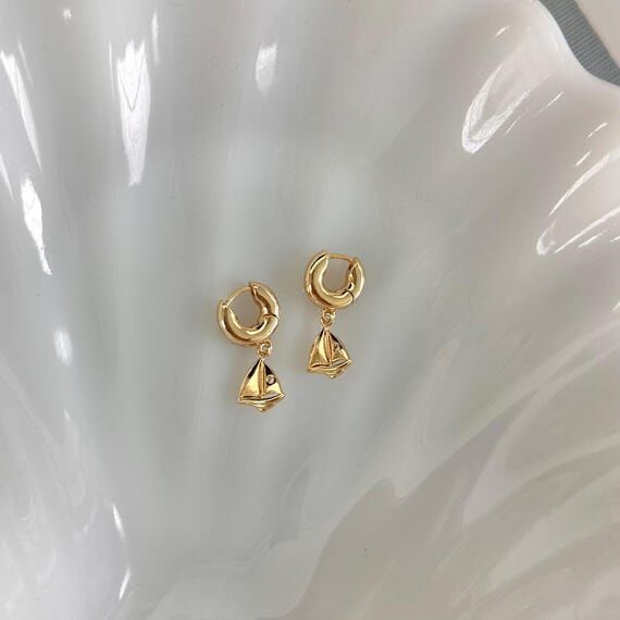 GOLD SAILBOAT EARRINGS, Dainty Huggie Hoops, ...