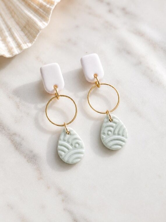 CLAY EARRINGS, White & Aqua Small Circle Tear...