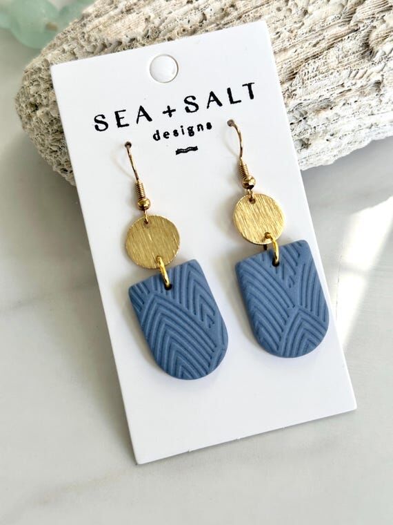 CLAY EARRINGS, Medium Dusty Blue Gold Dangle...