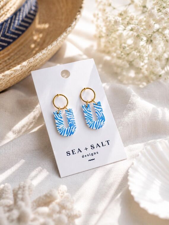 CLAY EARRINGS, Blue & White Palm Leaf Dangles...