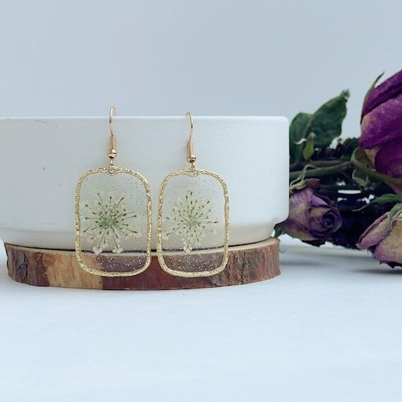 Queen Annes Lace Resin Earring Pressed Flower...