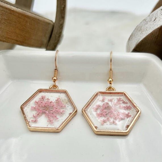 Pink Flower Earring Resin Jewelry Botanical A...