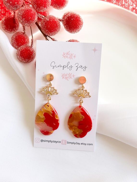 Red and Gold Dangle Earrings| Elegant Holiday...