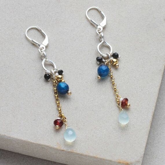 Multi Gemstone Dangle Earrings, Gold Plated S...