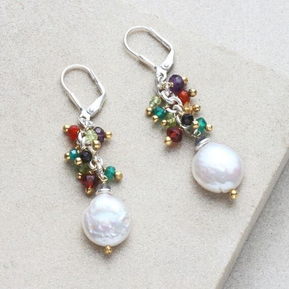 Multi Gemstone Earrings, Cluster Earrings, Co...