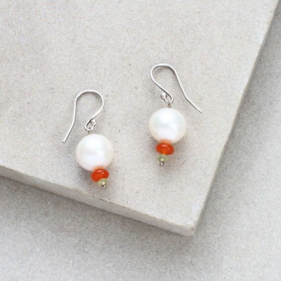 White Pearl Earrings, Carnelian Earrings, Mod...