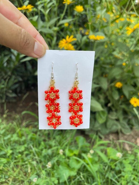 Handwoven Seed Bead Fringe Earrings, Long Red...