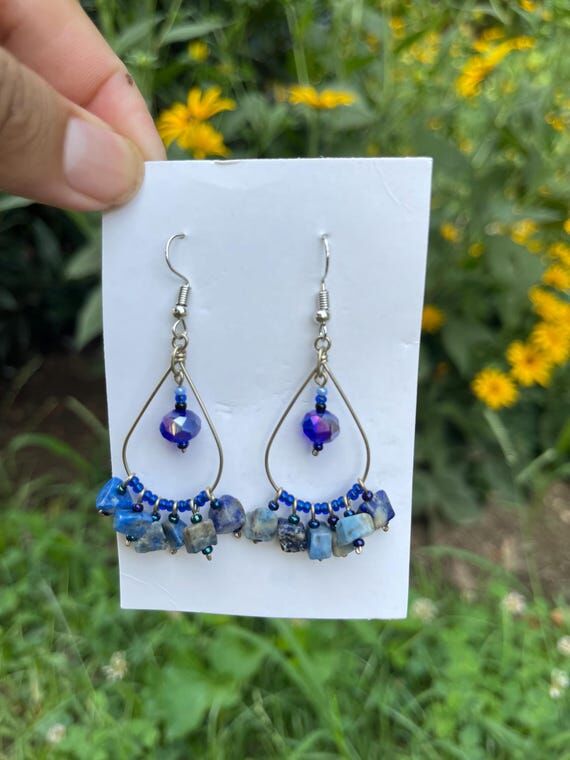 Handcrafted Blue Stone and Purple Bead Drop E...