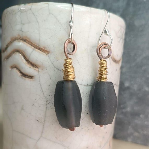 Handmade Charcoal Java Glass earrings with Co...