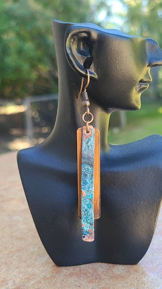 Boho Copper Stick Earrings: Long Patina Dangl...