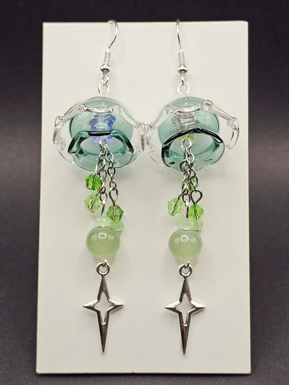 Green jellyfish earrings, handmade cute dangl...