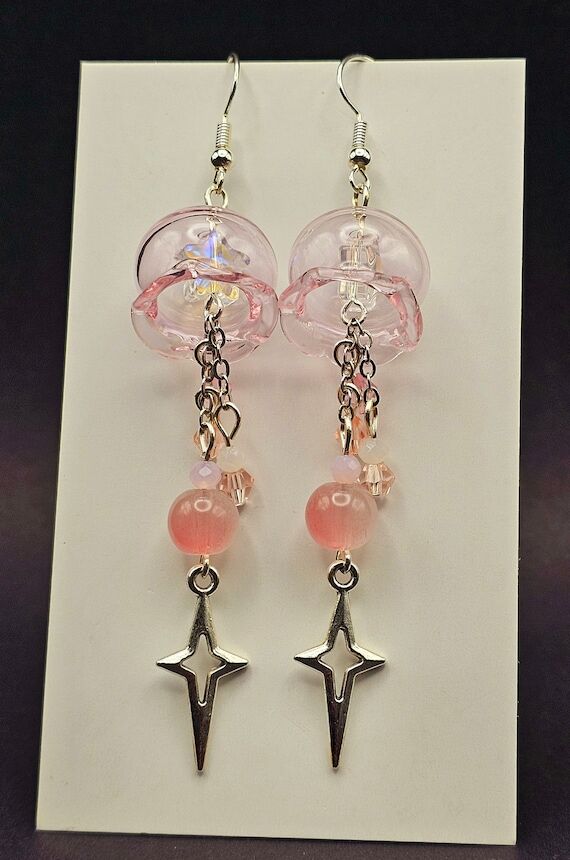 Pink jellyfish earrings, handmade cute dangle...
