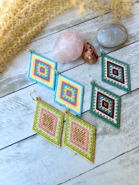 Geometric Beaded Boho Dangle Earrings...
